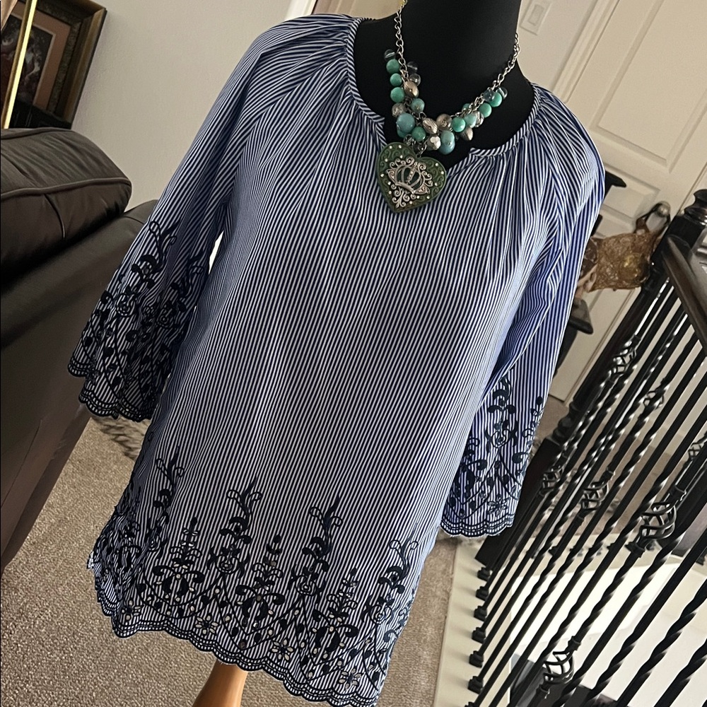 Blue and white Embroidered Women's Top by Calessa..